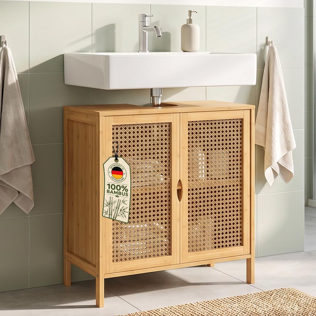 Bellamio Raba Waschbeckenunterschrank 2 Fächer, 2 Türen, aus Bambus/Rattan