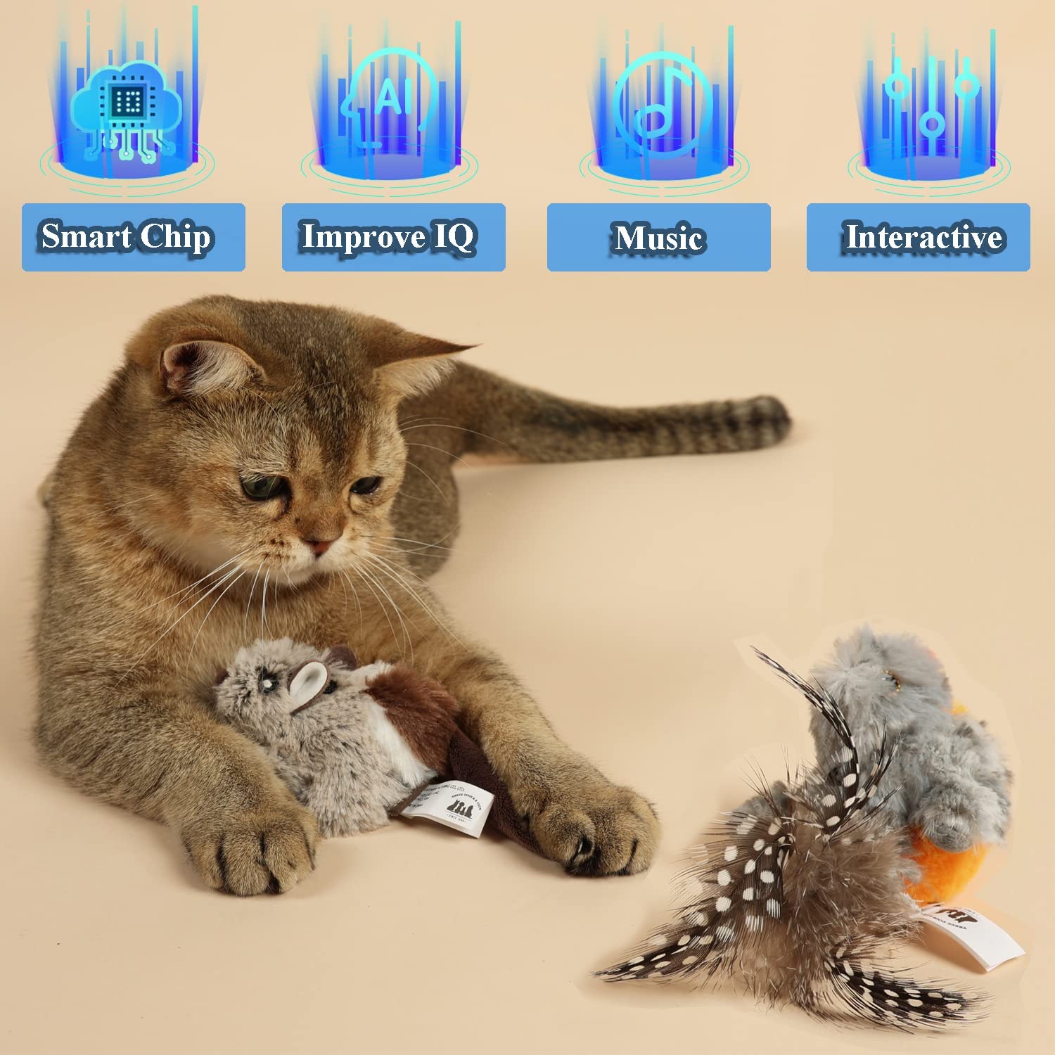 2er-Pack Katzenspielzeug, Interaktives Plüsch Katzenspielzeug Maus, Kätzchen Zwitschern Vogel, Lebensechte Tierische Geräusche, Kätzchen Spielzeug für Innen Katze Kätzchen Übung