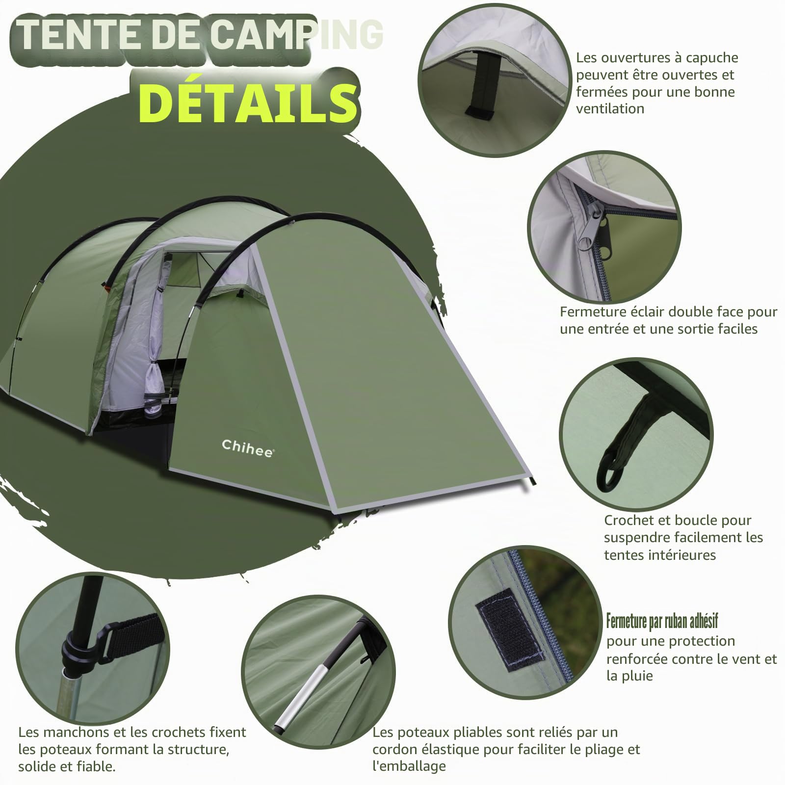 Chihee Tente Tunnel de Camping pour 4 Personnes avec 2 Portes - Résistante aux intempéries - Tente 4 Saisons - avec Porche blindée - Sac de Transport Rainfly pour Les Voyages en Plein air et la