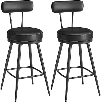 VASAGLE Collection - 360?Swivel Bar Stools Set of 2, Counter Chairs with Backs, Synthetic Leather with Stitching, Mid-Century Modern, 65 cm Tall, Kitchen Home Bar, Ink Black EKHO LBC089B88