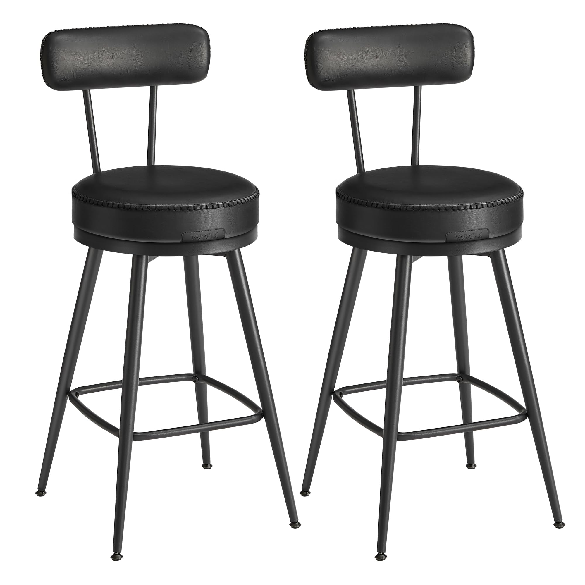 VASAGLE Collection - 360?Swivel Bar Stools Set of 2, Counter Chairs with Backs, Synthetic Leather with Stitching, Mid-Century Modern, 65 cm Tall, Kitchen Home Bar, Ink Black EKHO LBC089B88