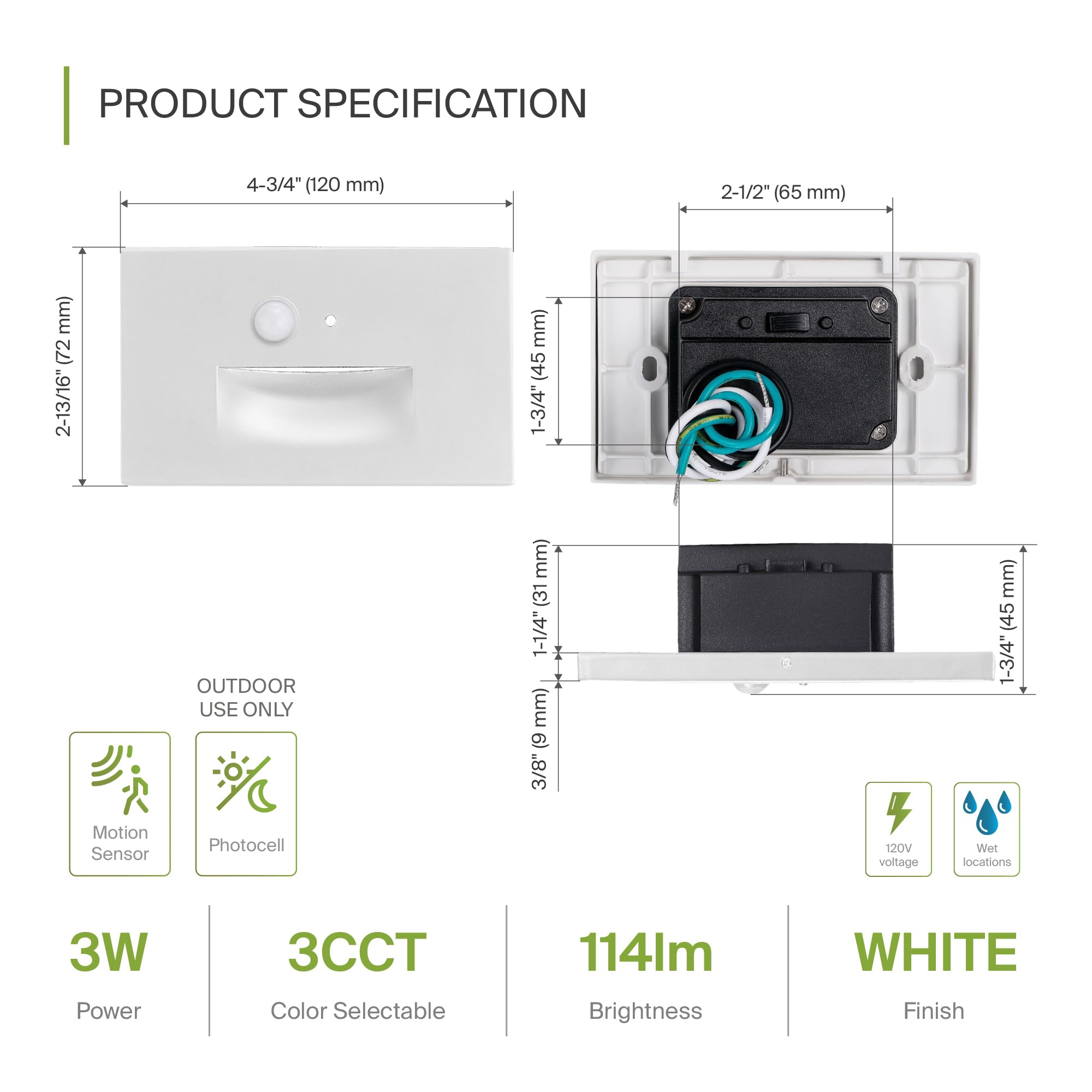 ASD LED Recessed Step Light Fixture | 3W 120LM 3000K-5000K 120V | 3CCT, Motion Sensor, Photocell, Waterproof, ETL Listed | Dusk to Dawn Outdoor Stair Lighting, Staircase Spotlight | White, 4 Pack