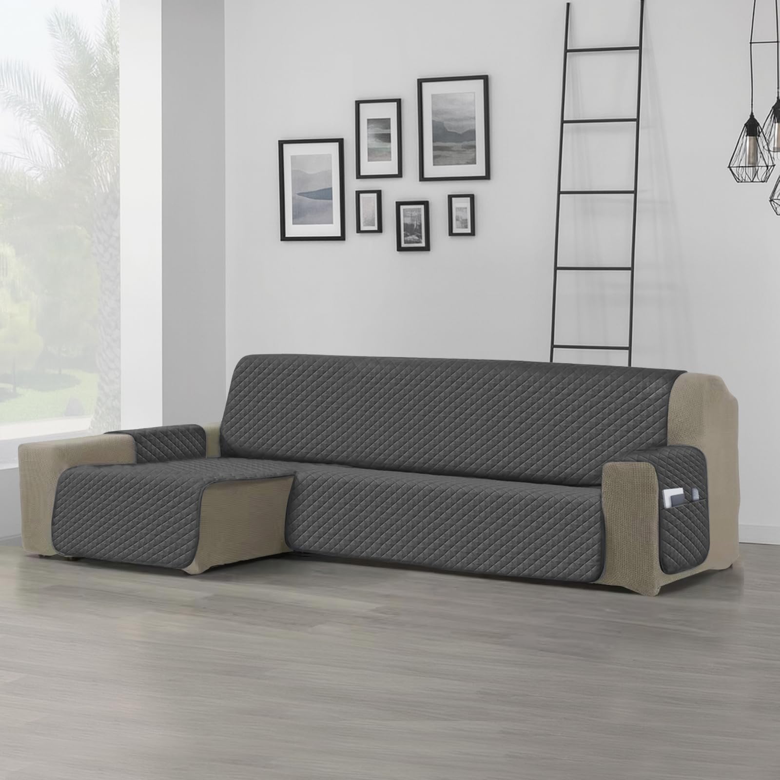 DALINA Funda de Sofá Chaise Longue Izquierda (2m de Ancho Total) Impermeable y Antideslizante, Cubre Sofá Ajustable con Bolsillos, Apto para Mascotas, Resistente al Desgaste, Lavable - Gris Oscuro