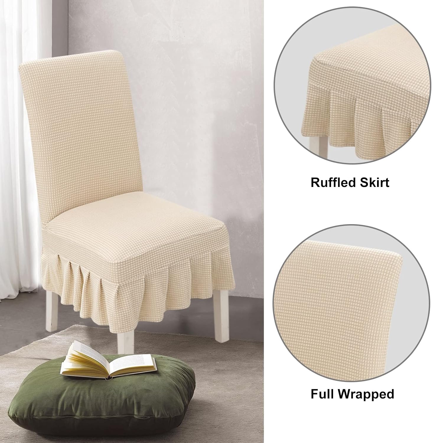 Stretch Dining Chair Covers Set of 2/4/6 - Ruffled Slipcovers for Parson Chairs -for Weddings, Parties, and Home Decor(Off White,4pack)