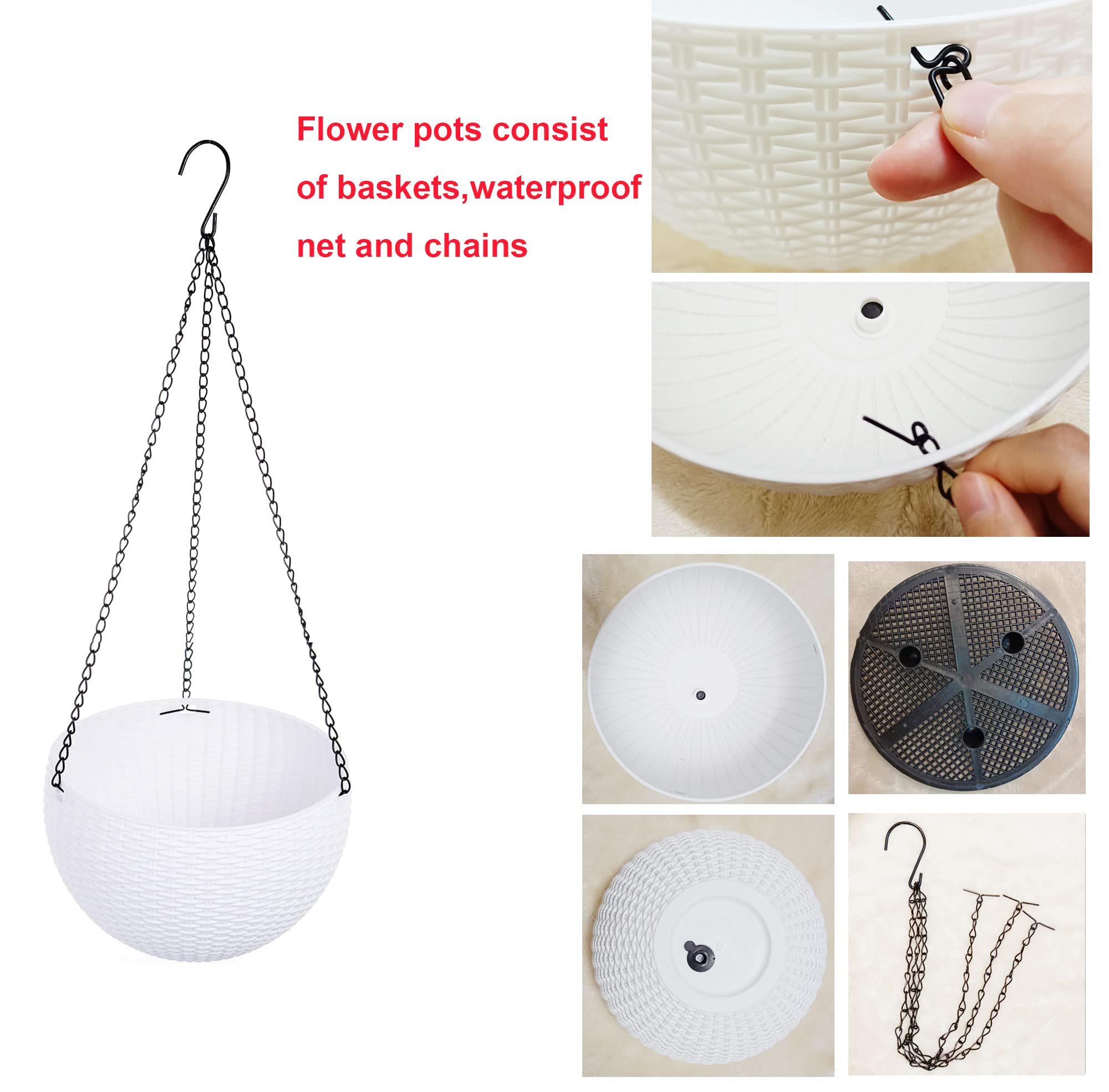 Pot de fleurs à suspendre en rotin plastique rond Résine Jardin Pot de fleurs à suspendre pour plantes d'intérieur ou extérieur, Lot de 2 Blanc blanc