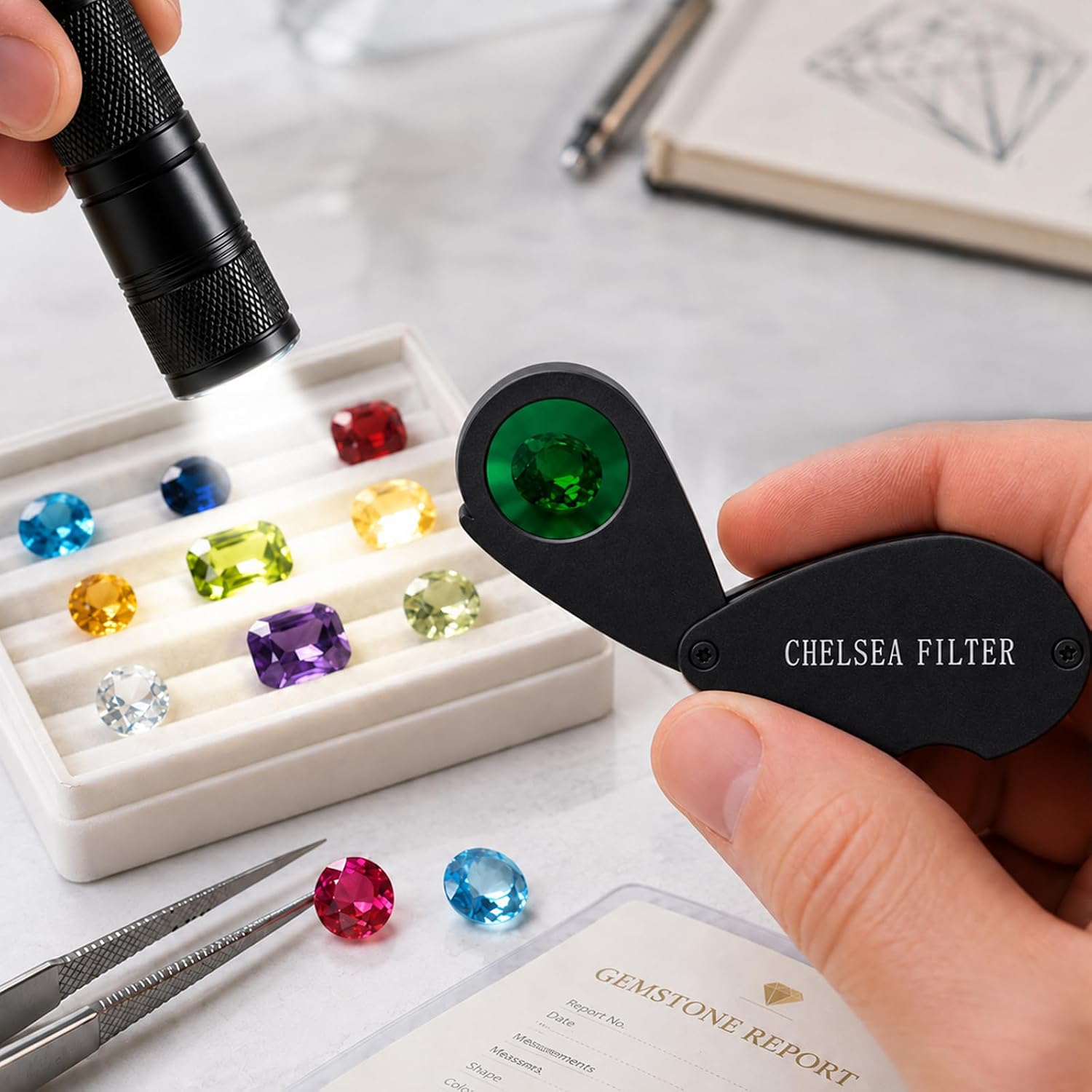 Chelsea Filter, Gemstone Tool for Jewelry Buyers & Sellers – Gemstone Identification Test, Ruby, Aquamarine & Green Jadeite – Portable Gemologists Loupe (Black)