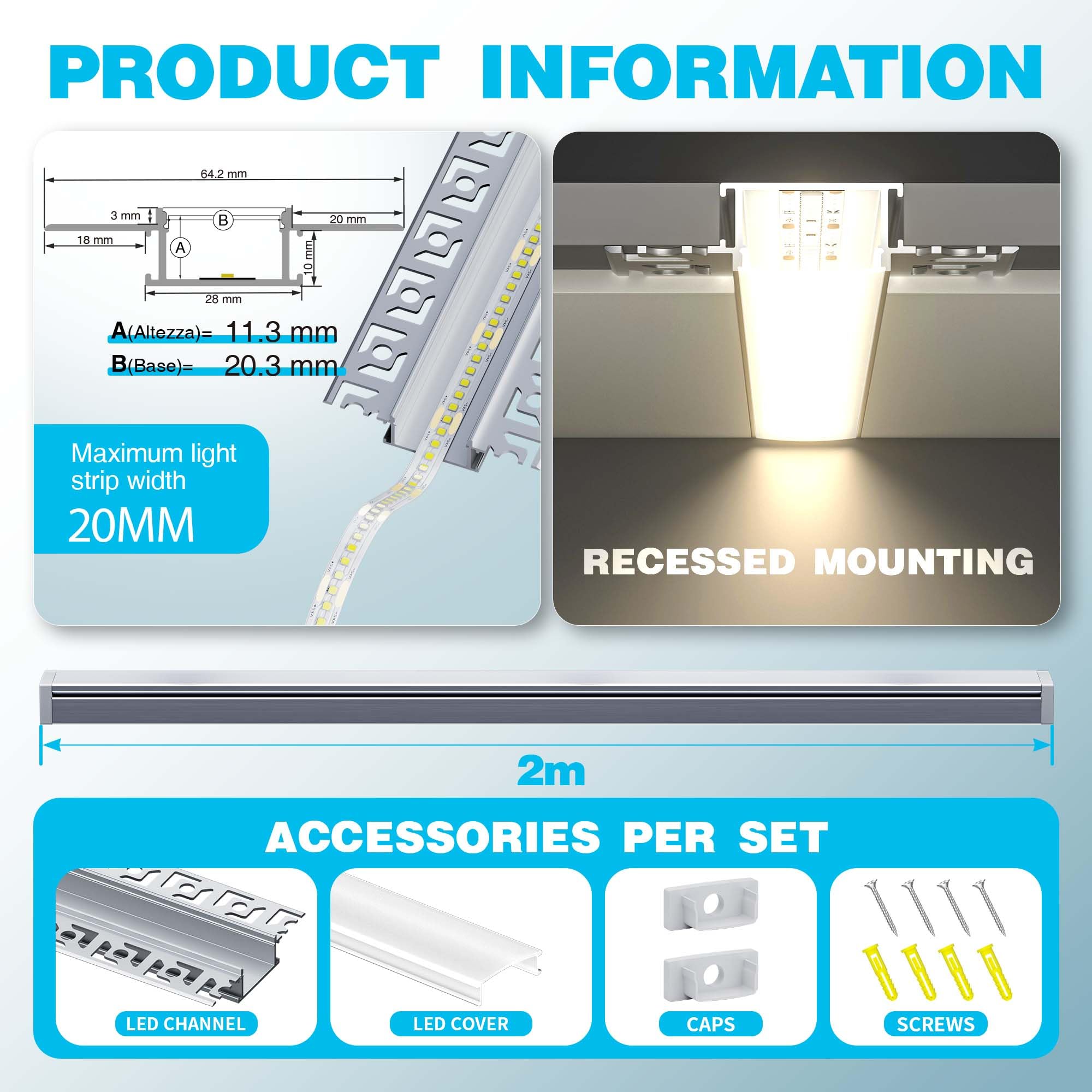 LED Drywall Profile 2 m x 20 - AluminiumFlush-Mounted Profile für Strips up to 21 mm - Dettaglio