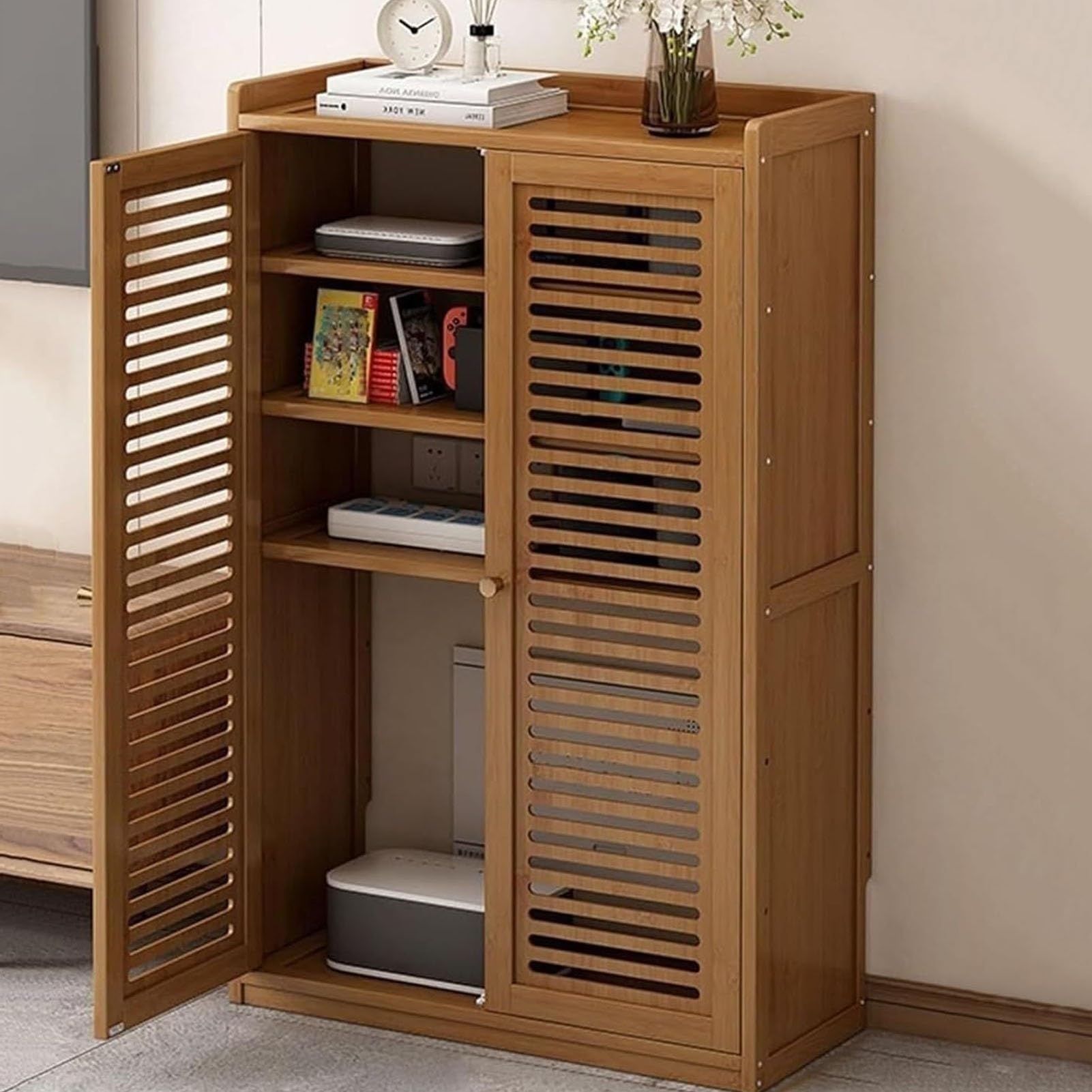 Armoire de routeur WiFi et cache box TV marron meuble de rangement 97cm