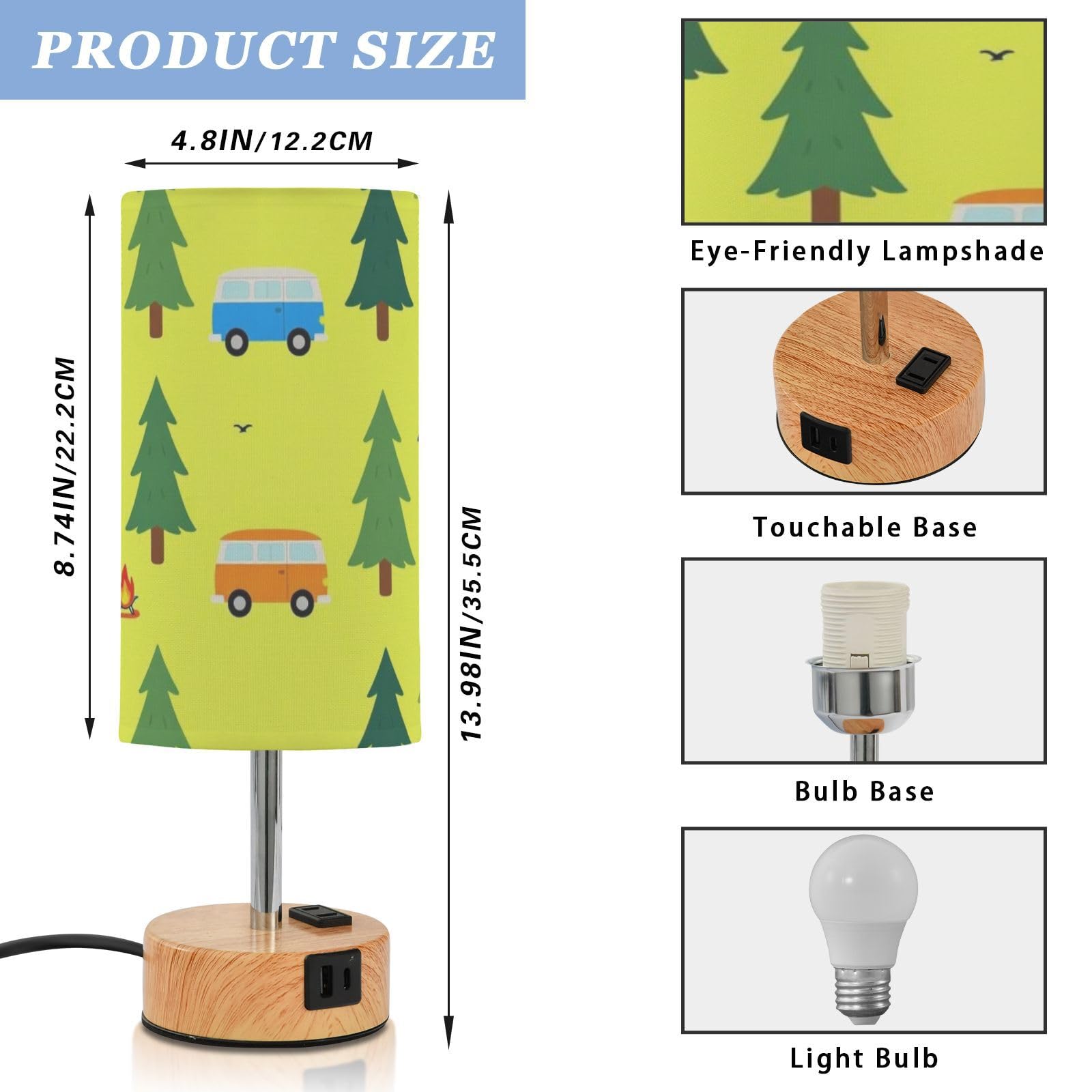 Yuiboo Mała lampa stołowa z portami USB C+A, lampki nocne