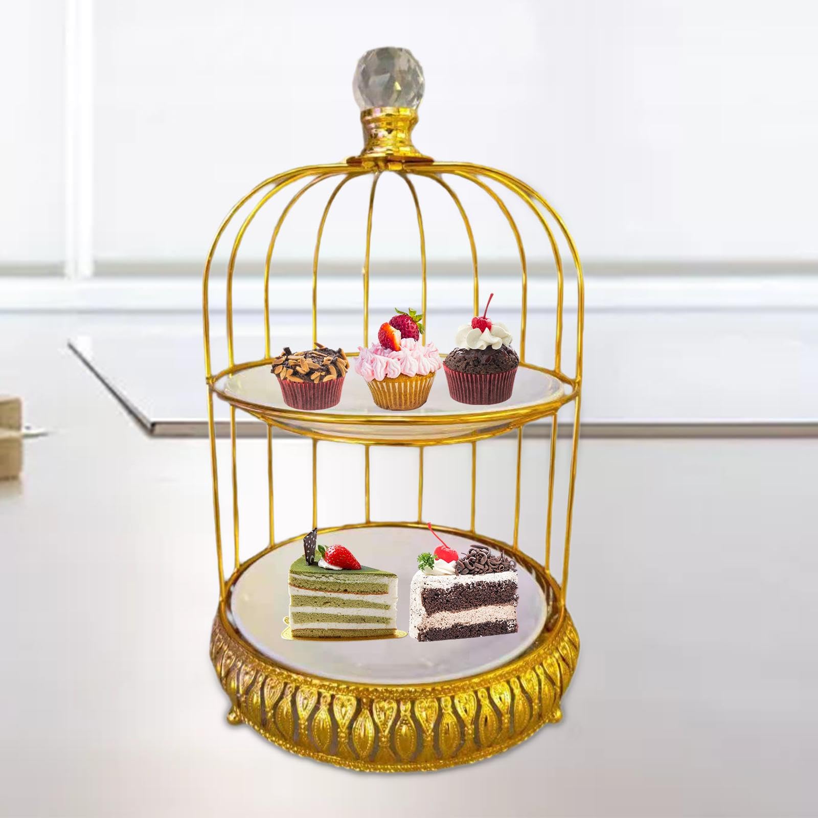 Soporte para Pasteles Y Postres con Forma de Jaula de Pájaros, Soporte para Platos de Dulces, Soporte para Cupcakes para Celebraciones en El Hogar, Ba, Doble Capa, Individual