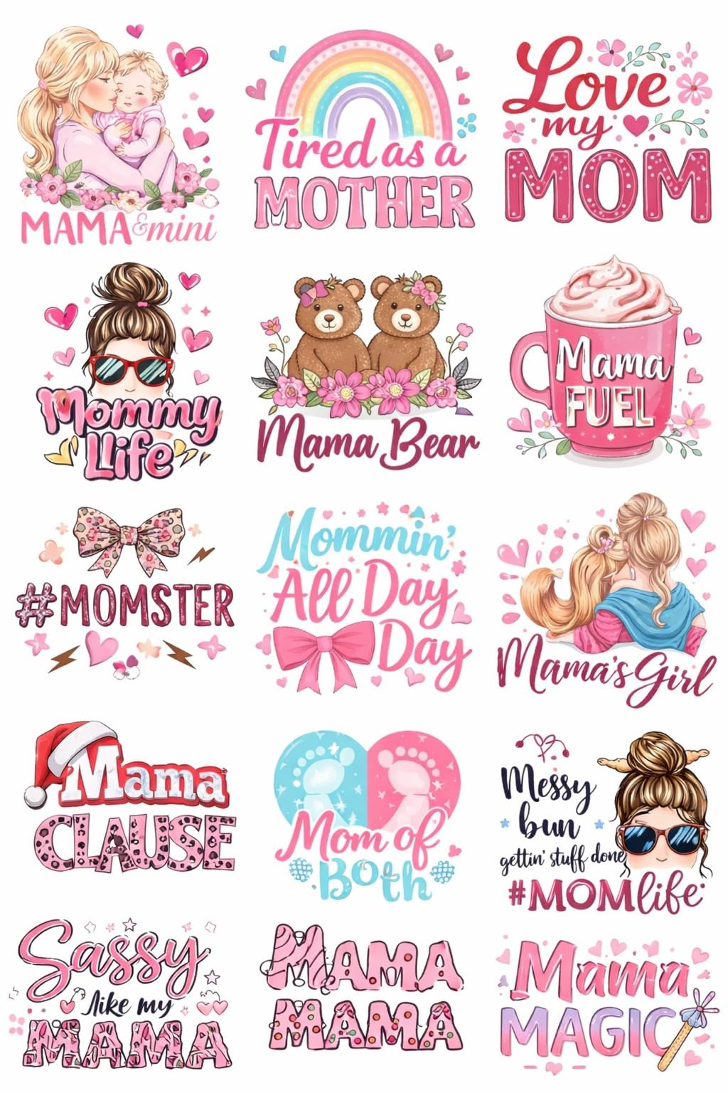 UV DTF Cup Wraps Transfer Stickers, 15 Pattern Waterproof Decals for Mug Glass Water Bottle, 2.5 Inch DIY Crafts for Notebook Luggage Laptop Car, Mom Theme