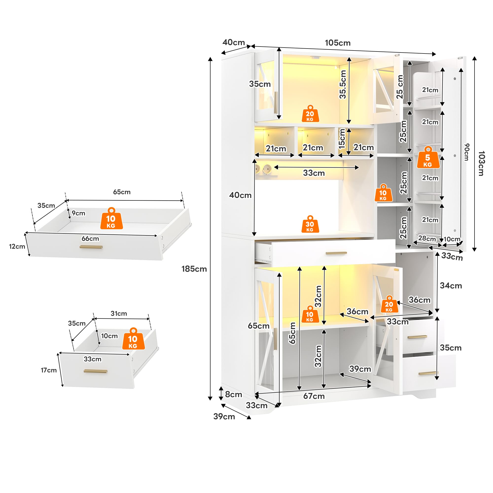 FurnitureR Küchenhochschrank, hoher Küchenschrank 105 x 40 x 185 cm, Weiß, MDF Vorratsschrank mit 5 Türen und 3 Schubladen, APP-LED, Steckdosenleiste, für Pantry, Kaffeeecke und offene Wohnküche