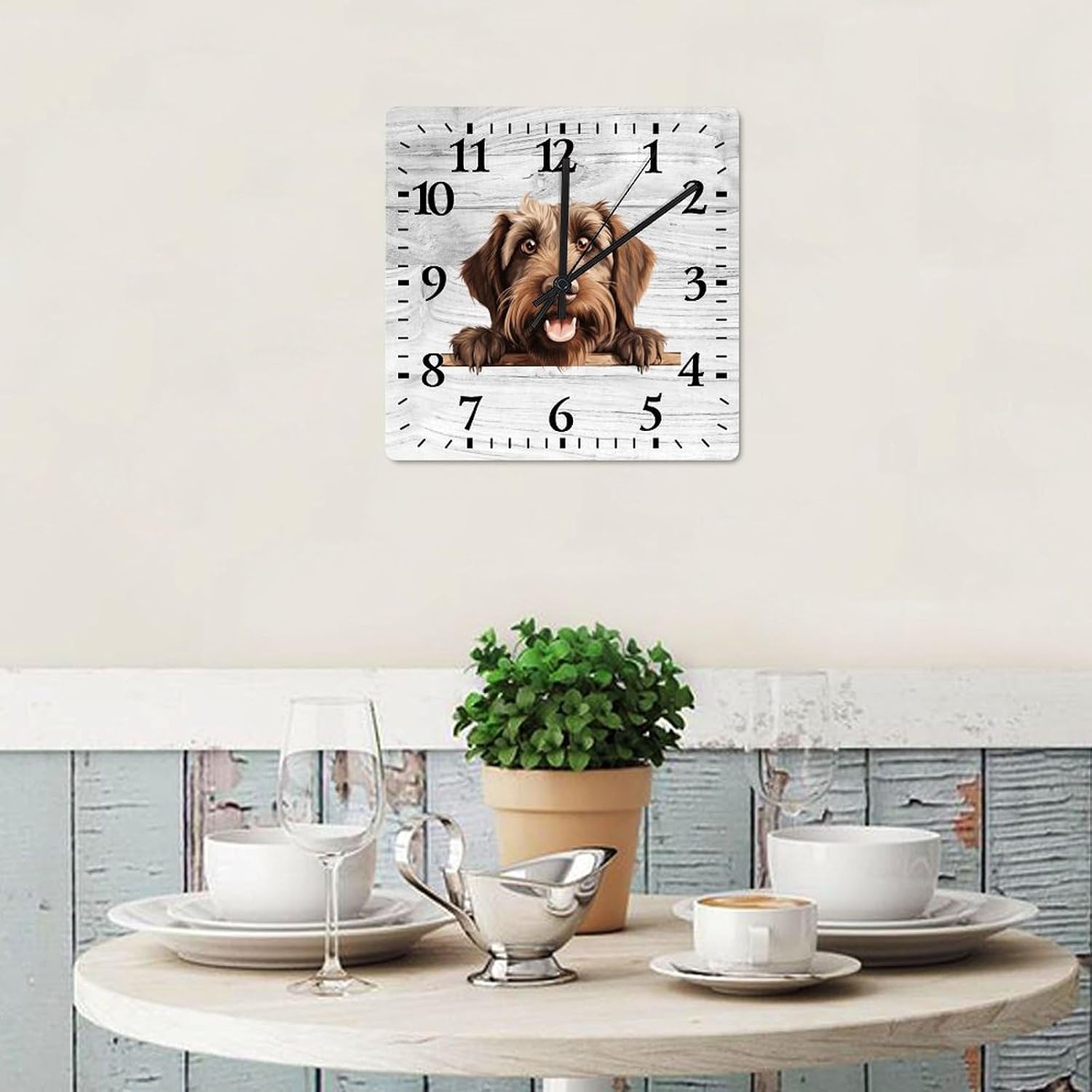 Wirehaired Pointing Griffon Clock Doggy Dog Owner Large Wooden Wall Clock Battery Operated Silent 12 Inch Farmhouse Wall Clock Decorative for Home Kitchen Living Room Bedroom Office