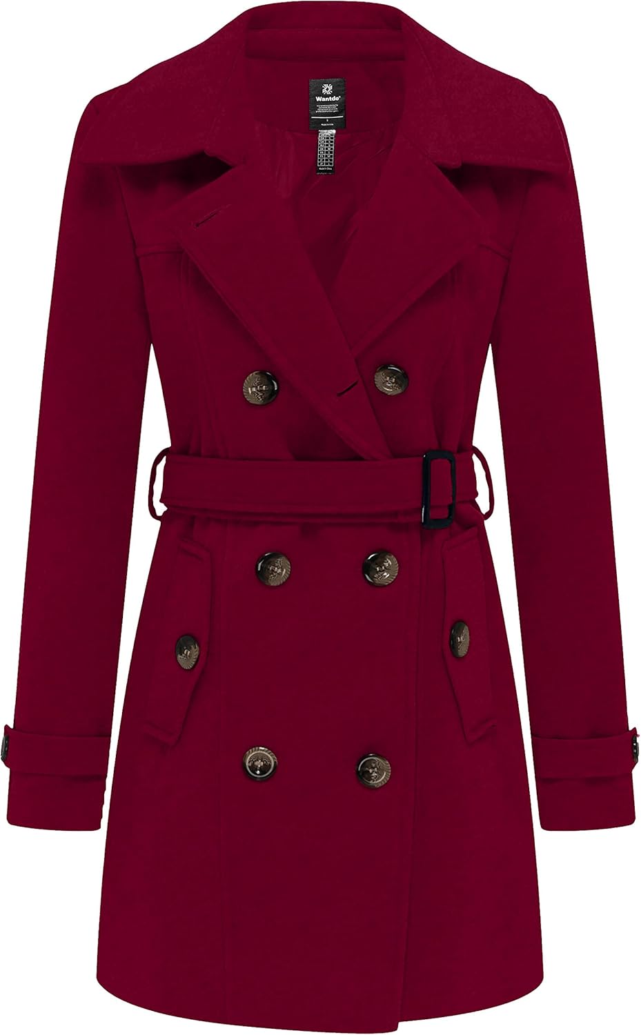 wantdo Women's Double Breasted Pea Coat Winter Mid-Long Trench Coat with Belt