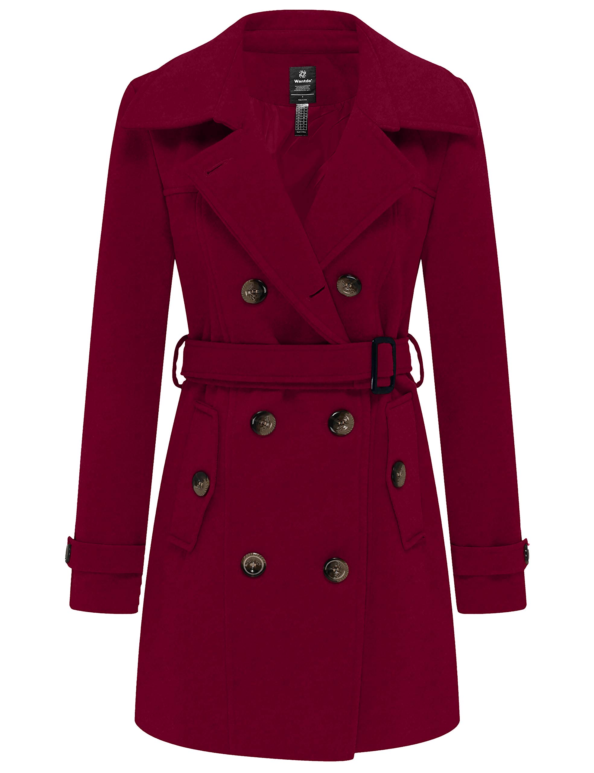 wantdo Women's Double Breasted Pea Coat Winter Mid-Long Trench Coat with Belt Wine Medium