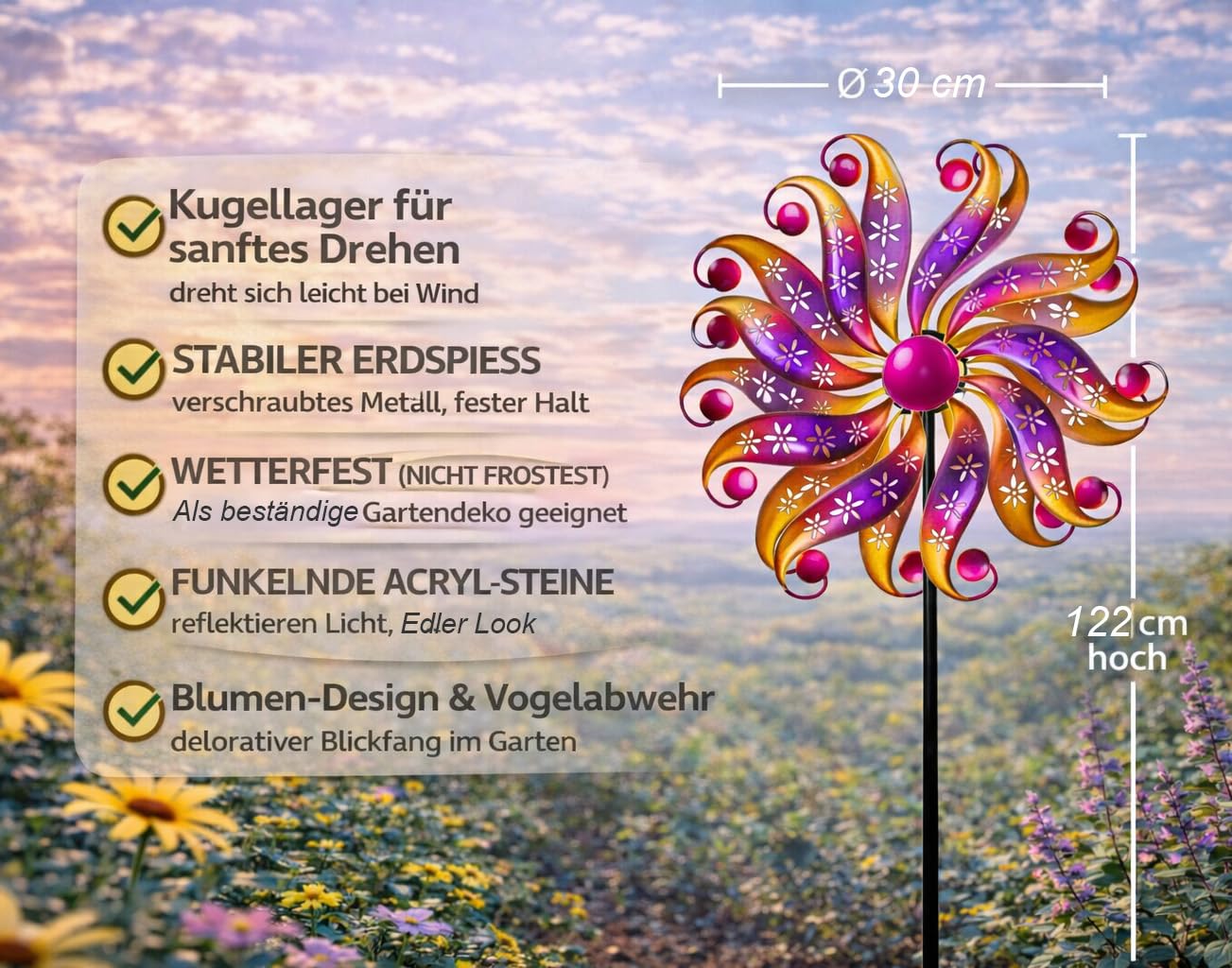 formano Windrad Blume Garten Metall bunt kugelgelagert Windspiel Ø 30/122 cm mit Acryl-Steinen & Erdspieß | Wetterfeste Gartendeko für Beet, Rasen & Terrasse | Vogelabwehr