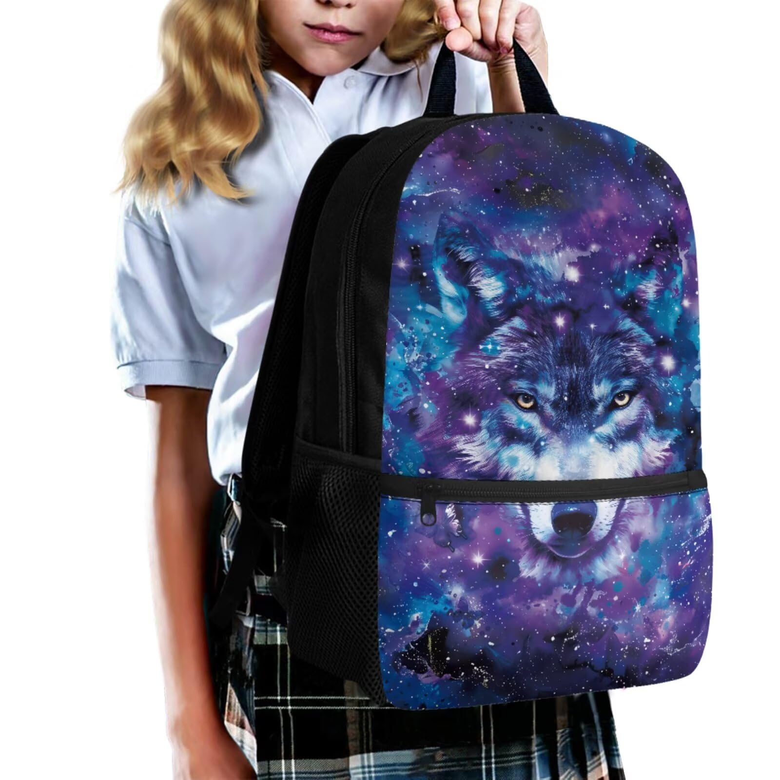 Kinder-Rucksack-Set, 5-teilig, mit Lunchtasche, Federmäppchen und 2-teiligem Lesezeichen für Grundschulkinder, Galaxy Wolf, Modern