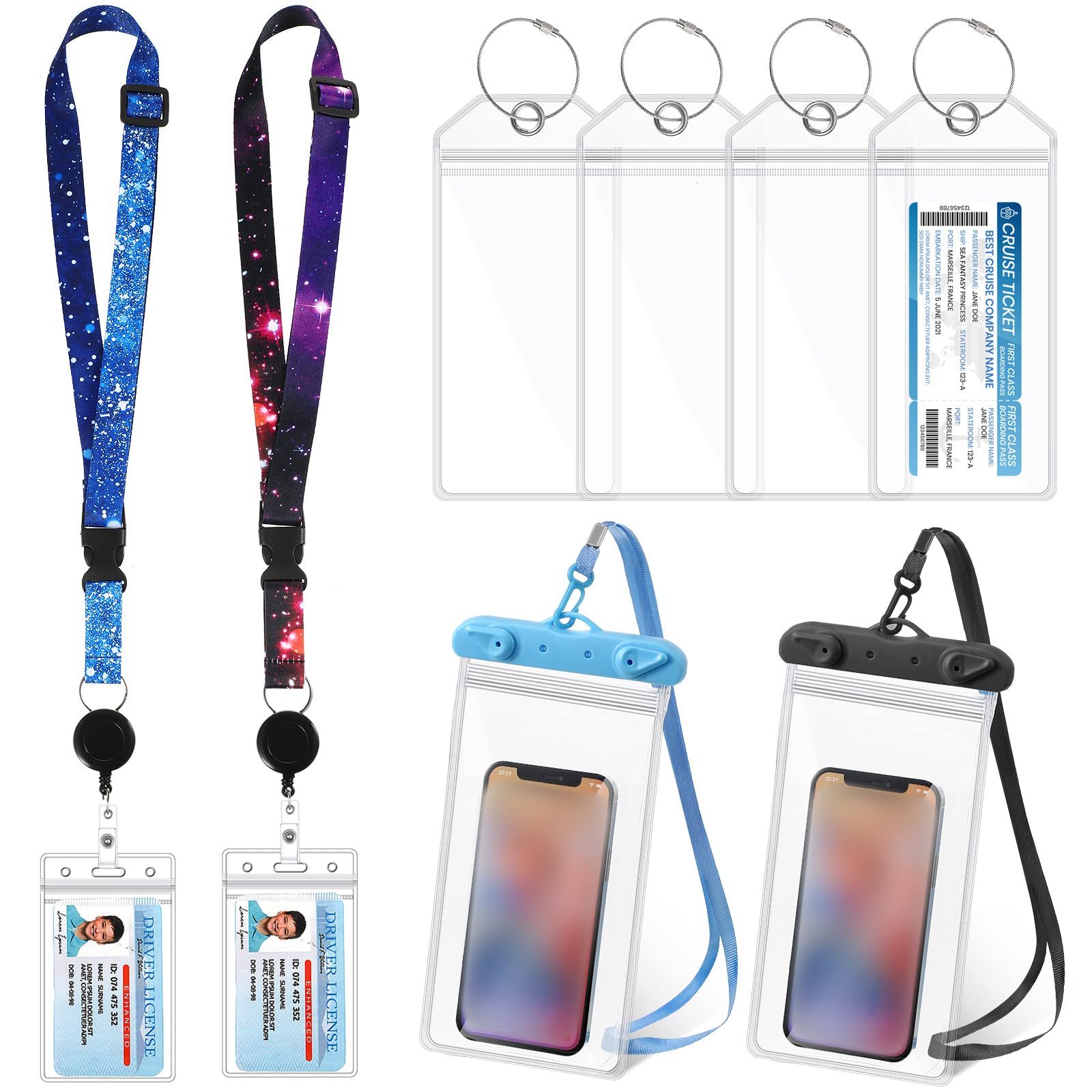 8 Pcs Cruise Accessories Kit Includes 2 Pcs Lanyards for Cruise Ship Cards with Detachable Badge Holder 4 Pcs Clear Waterproof Luggage Tag Holders and 2 Pcs Waterproof Phone Pouch (Blue, Purple)