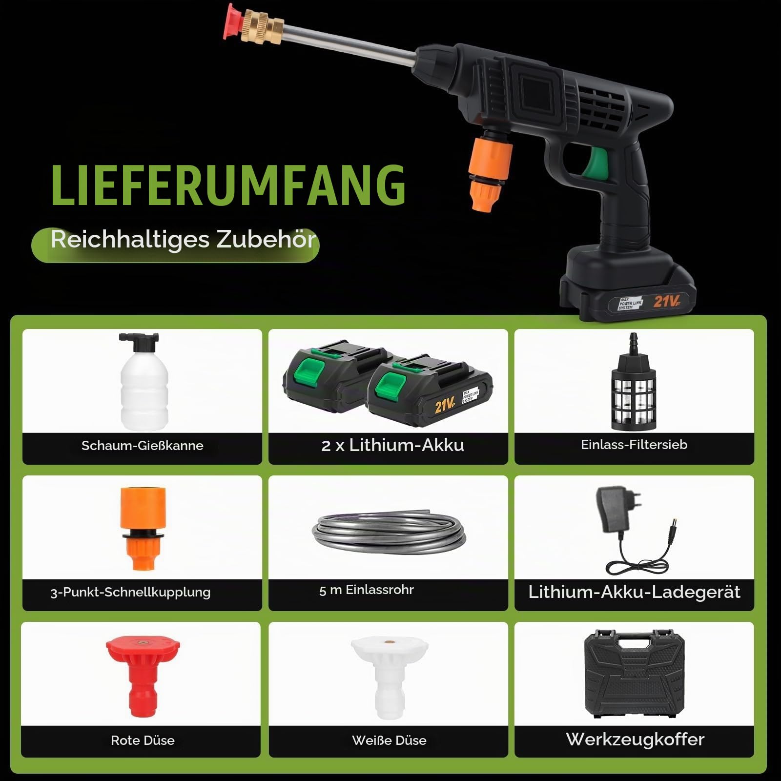 Akku Hochdruckreiniger,960PSI Hochdruckreiniger mit 2 Akkus,2-in-1-Düse,5m Schlauch und Schaumkanone – Mobiler Hochdruckreiniger,Tragbarer Pistole für Auto,Terrasse,Garten,Fahrrad und Außenbereiche