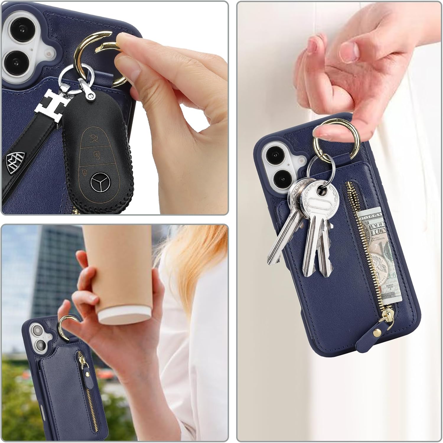 Ｈａｖａｙａ for iPhone 16 Plus case Wallet with Card Holder for Women Men Shockproof Phone case with Keychain Ring Stand Leather Zipper Credit Card Slots-Deep Blue