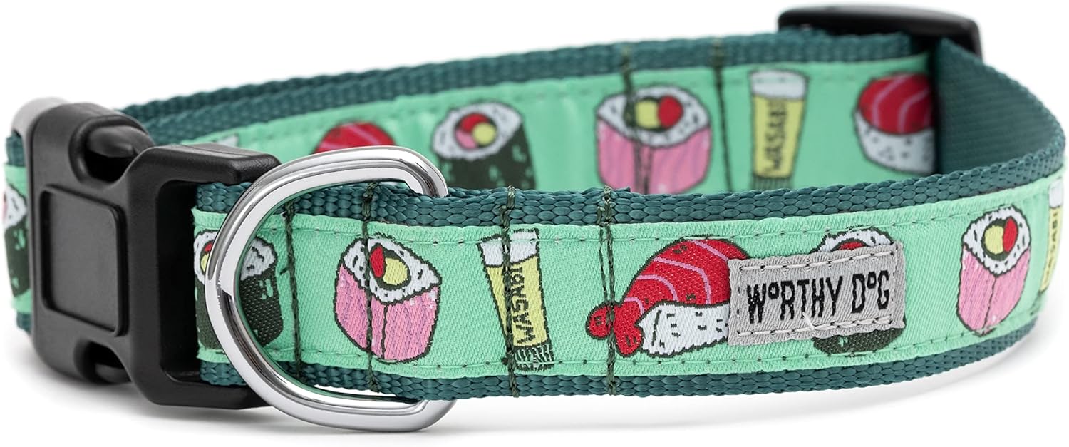THE WORTHY DOG Collar for Small Dogs, Adjusts 9-15 inches, Durable Nylon Webbing, Quick Release Buckle, Sushi Pattern, Lite Green, Small