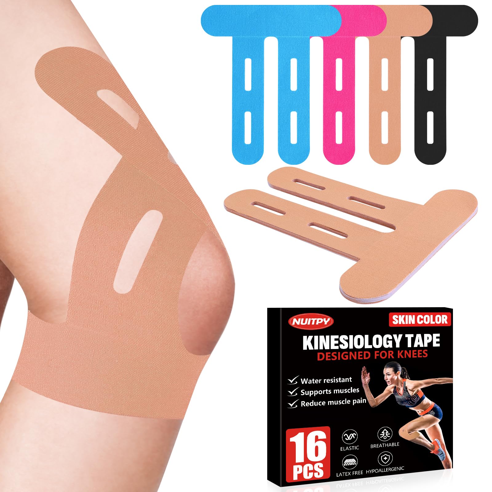 16 Pcs Skin Color Kinesiology Tape for Knees, Knee Support Tape