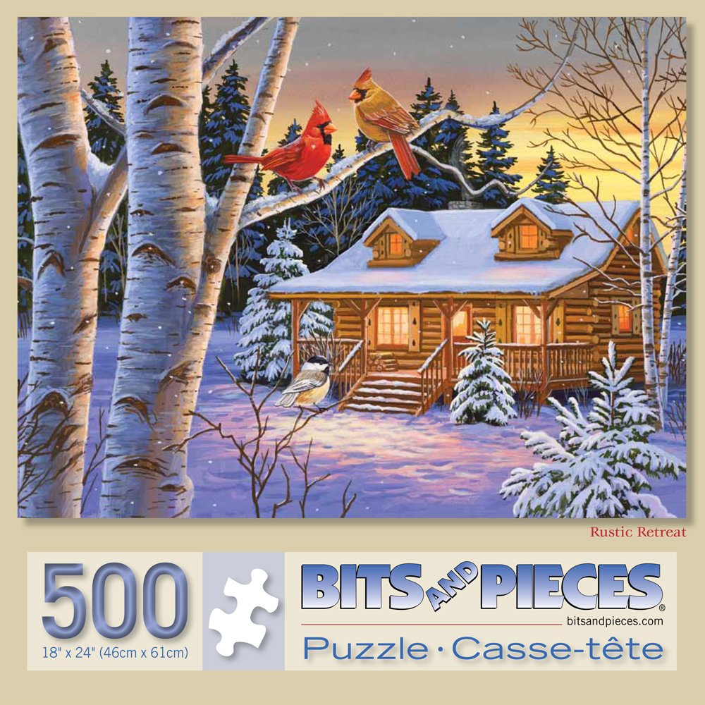 Bits and Pieces - 500 Piece Jigsaw Puzzle for Adults - Rustic Retreat - Snowy Winter Scene Jigsaw Puzzle by Artist William Vanderdasson, Completed Puzzle Size: 18" x 24"