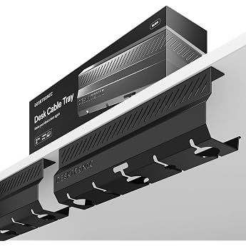 cable channel desk black set of 2 - stainless steel cable management desk cable duct with 5 cable cutouts - easy to install cable organizer - cable holder from desktronic