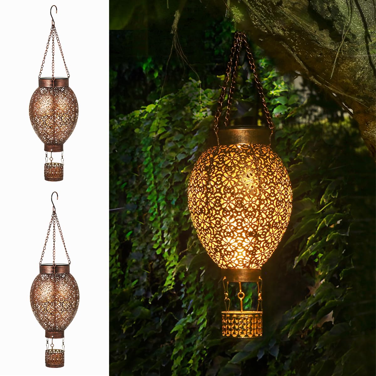 JOYCREATOR Solarlaternen für Außen 2 Stück, IP65 Wasserdicht Metall Solar Laterne für Draußen Hängend, Orientalische Solarlampen für Außen Garten Balkon Terrasse Rasen Geschenke (Heißluftballon)