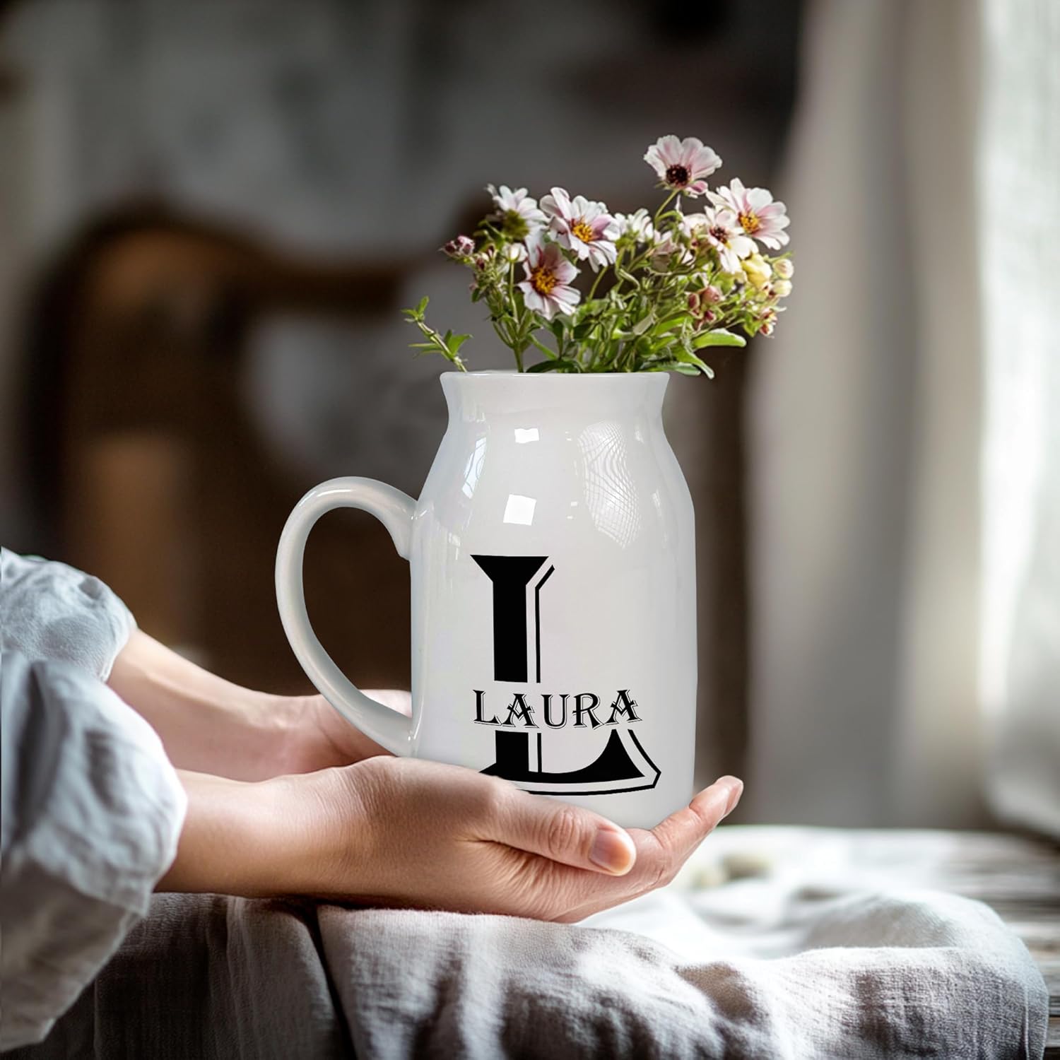 Personalized Initial Monogram Flower Bud Vase, Custom Elegant Alphabet Milk Jug Pitcher with Letter & Name, Gift Unique for Grandma, Garden Decor Keepsake