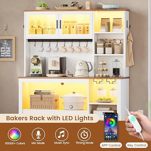 Miniatura 5 de Itaar Estante para panaderos con toma de corriente y luz LED, gabinete de barra de café Futed de 45.3 pulgadas, soporte para microondas de cocina