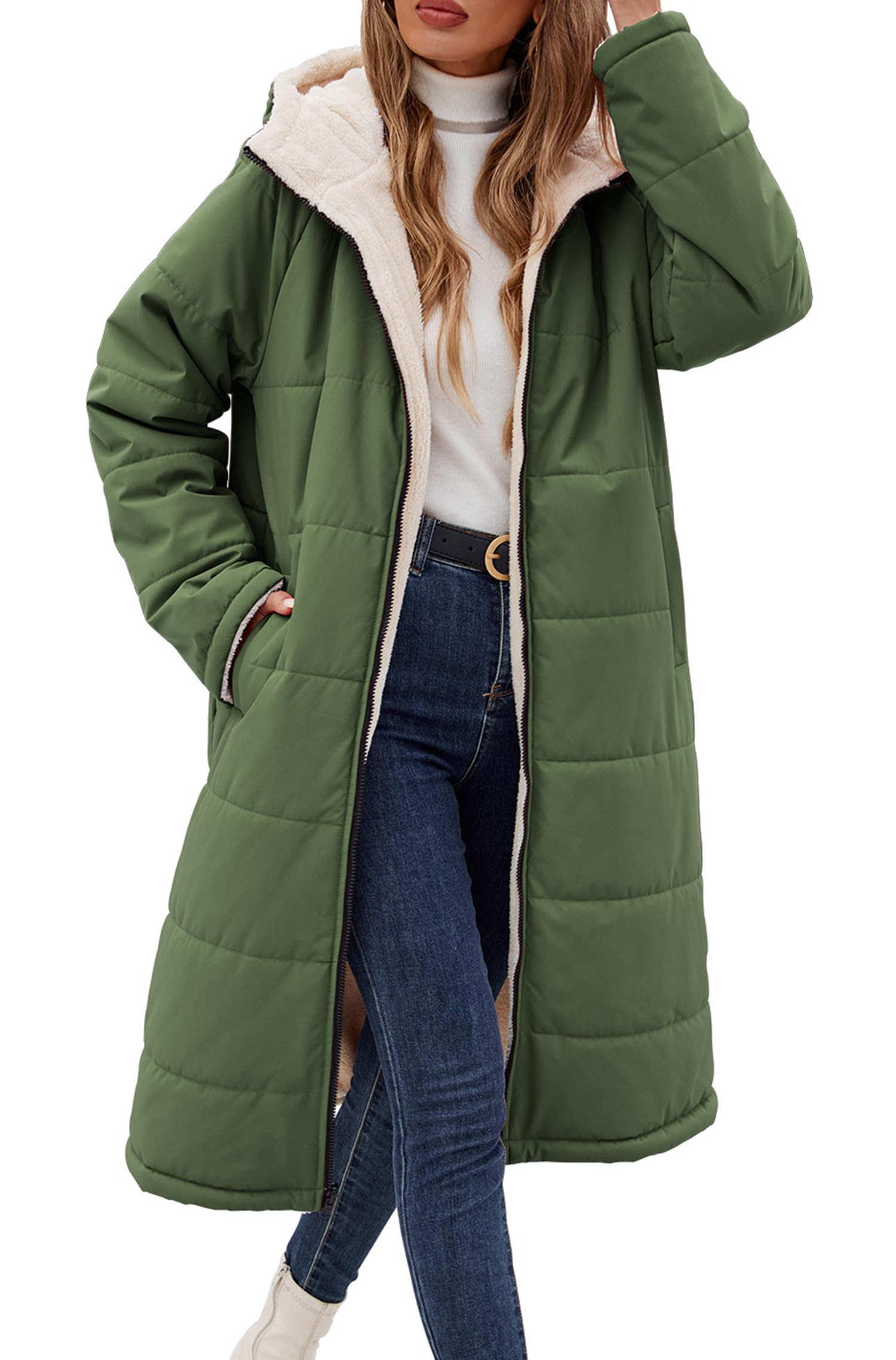 Vancavoo Wintermantel Damen Lang Gefütterte Winterparka Steppmantel | Winterjacke Wendejacke mit Fleece, fester Kapuze, durchgehendem Reißverschluss und Taschen