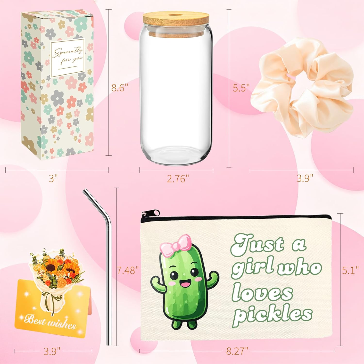Valentines Day Pickle Gifts for Women, Funny Pickle Lover Gift Set with 16oz Glass Tumbler, Bracelets, Pouch Bag, Scrunchie, Box for Pickles Themed Party, Birthday, Christmas Gifts for Her (Pickles) - Image 4