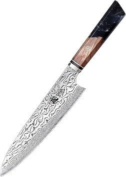 MITSUMOTO SAKARI 8 inch Gyuto Chef Knife - Hand Forged Japanese AUS-10 Damascus Steel with Shadowwood Pomegranate Handle & Sandalwood Box