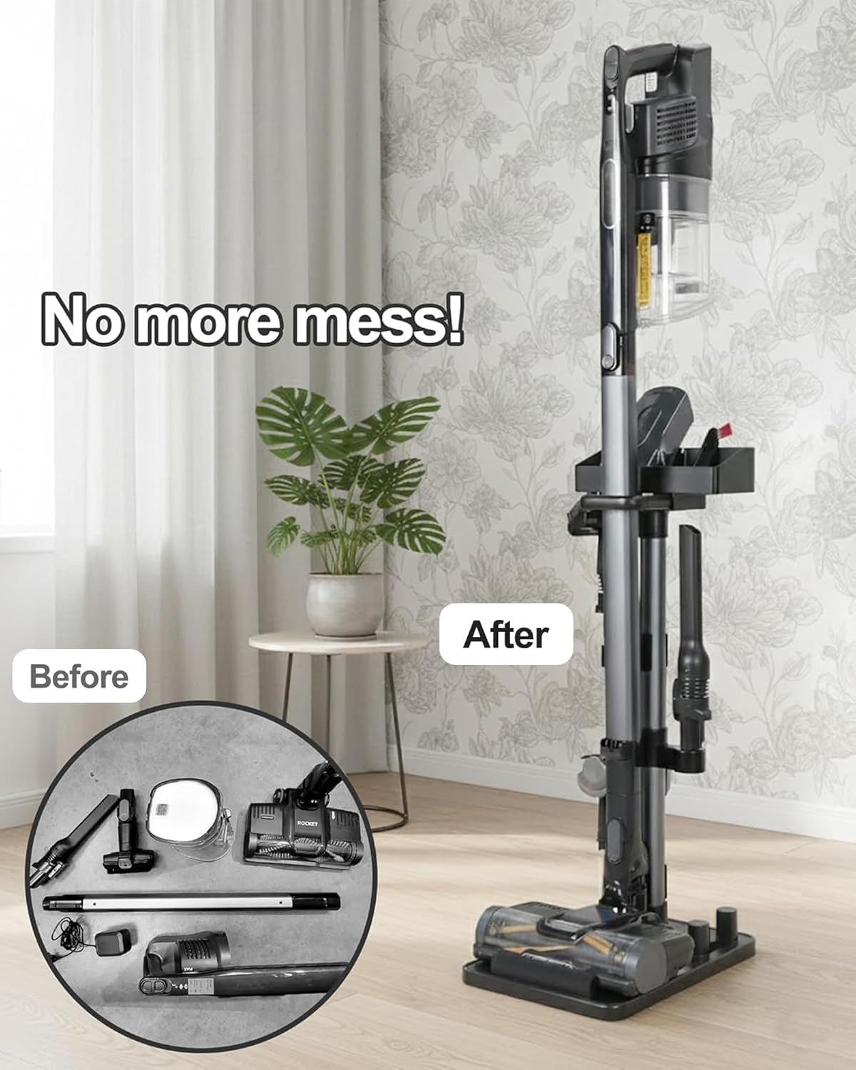 Portek Cordless Vacuum Cleaner Stand, Longer Fixed Height Stick Vacuum Standing Dock, 7 Accessory Holders Attachments Organizer and Storage Box, Black (Max. 1.8" Vac Wand, 28" One-Height)