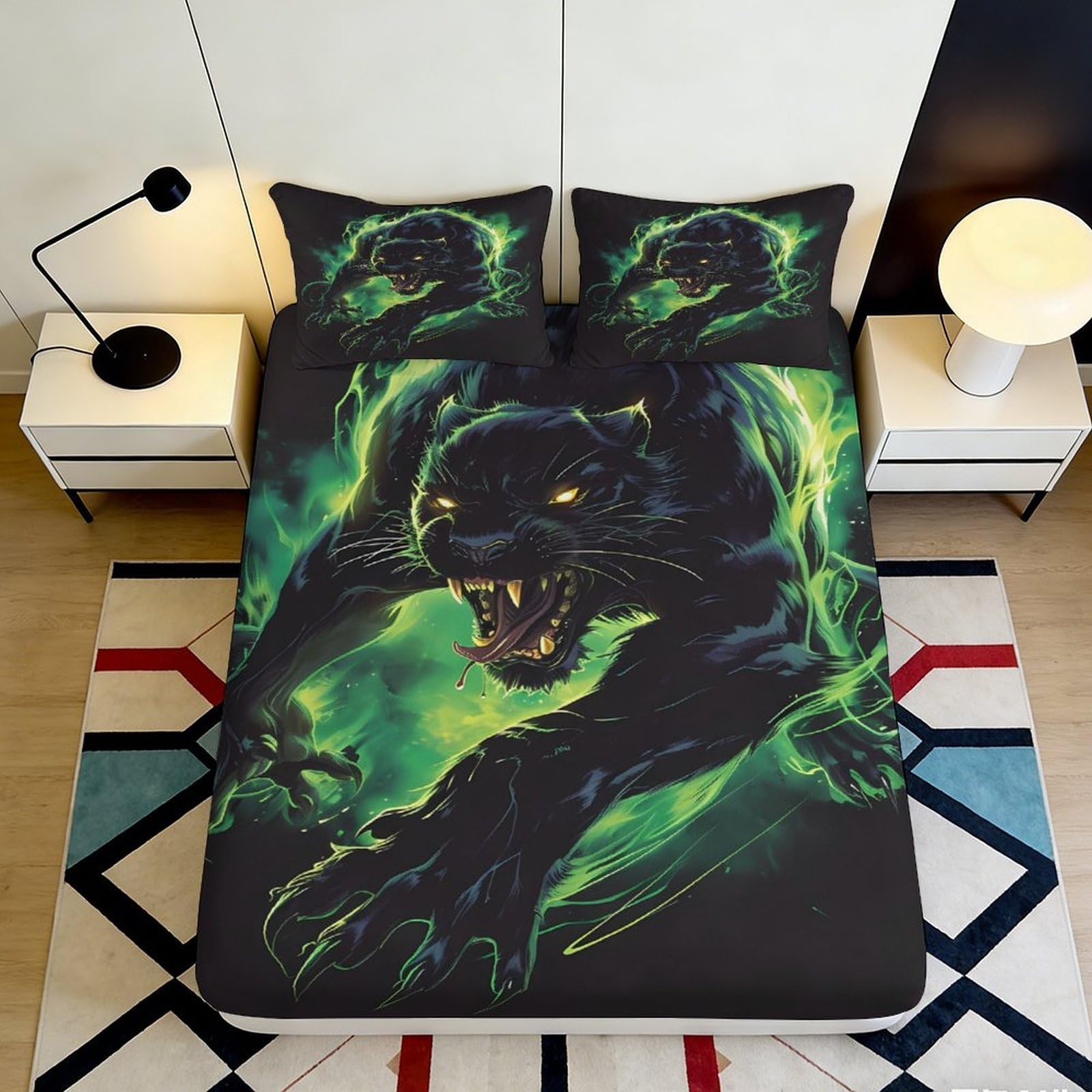 3D Printed Neon Black Panther Fitted Sheet Microfiber Soft Breathable Jungle Beast Mattress Cover for Bedroom Decor 180x200x25cm