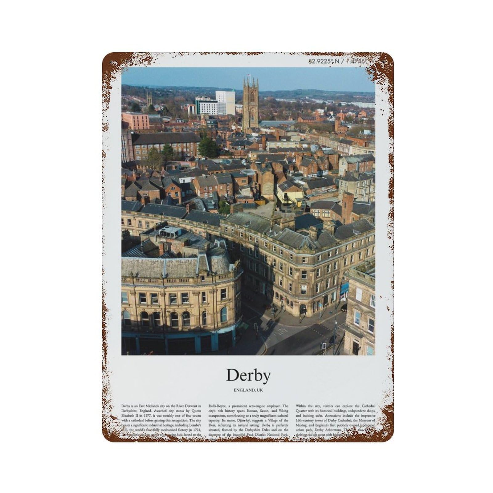 xiaoxiaoshen Derby England UK City Scenery Wall Decor Art Metal Tin Poster Modern Home Decor Art Home Bar Shop Decorations Vintage Sign 40x30cm