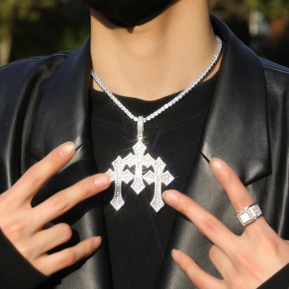 Luxury Crystal Cross Pendant Necklace with Rope Chain, Baguette Cut CZ Diamonds, Silver, Rose Gold, Gold Plated