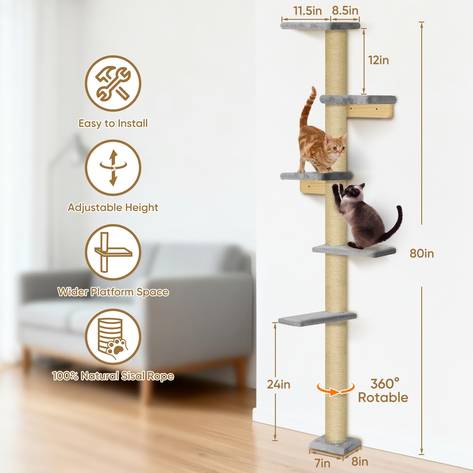 PAWSCRAT Cat Wall Shelves, Wall-Mounted Cat Tree, 5 Tier Floor to Ceiling Cats Tower, 80 Inch Wall-Mounted Cat Scratching Post, Space Saving Cat Furniture and Easliy Climb for All Cats, Gery - image 4