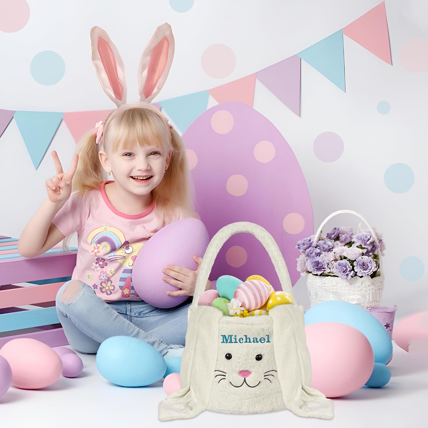 Easter Basket, Personalized Easter Baskets for Kids, Easter Bunny Baskets - White
