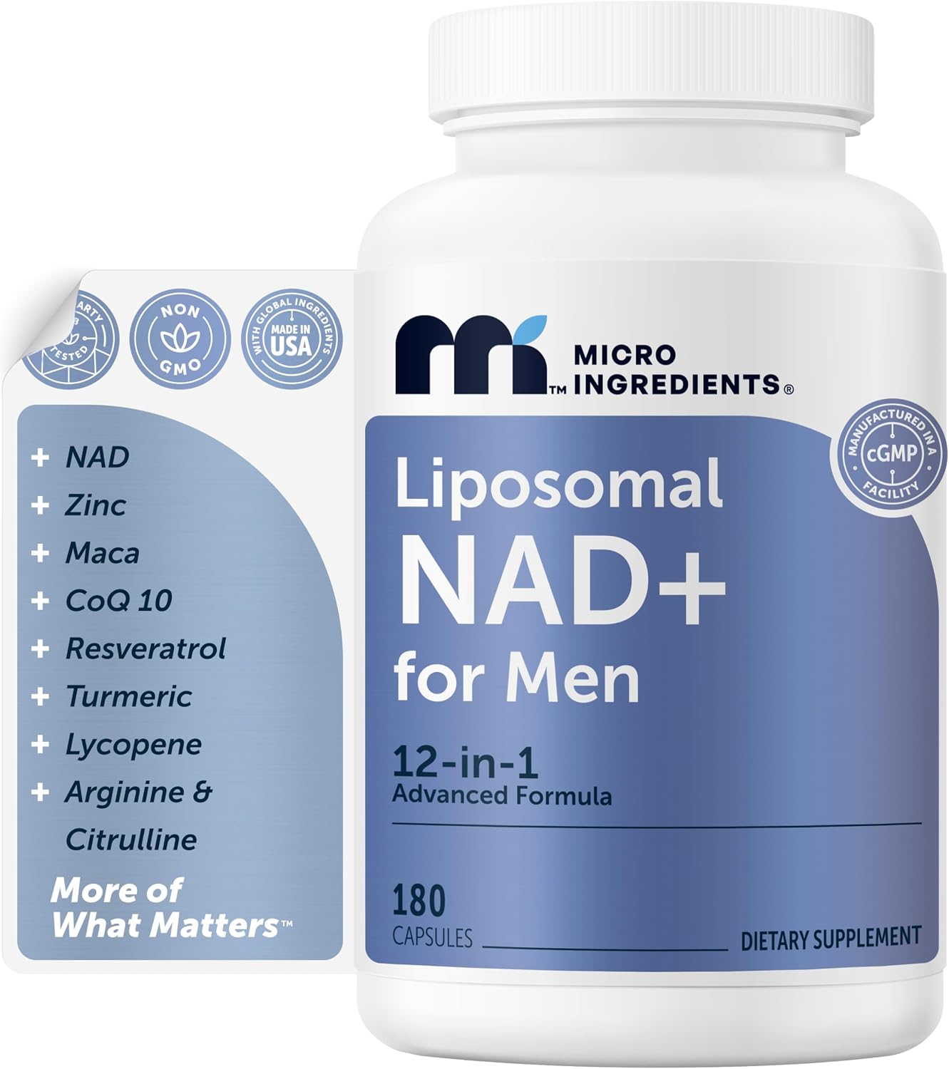 Micro Ingredients Liposomal NAD+ for Men, 180 Capsules | 12-in-1 NAD Resveratrol Supplement | Cellular Energy & Healthy Aging* | NMN Supplement Alternative | Non-GMO, Gluten Free