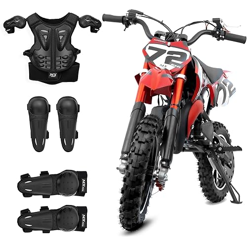 49cc Gas Dirt Bike for Kids, Kids Gas Powered Dirt Bike with Front Rear Suspension, Disc Brakes, Adjustable Speed Control, Kill Switch, Pull Start, Red, with Protective Gear