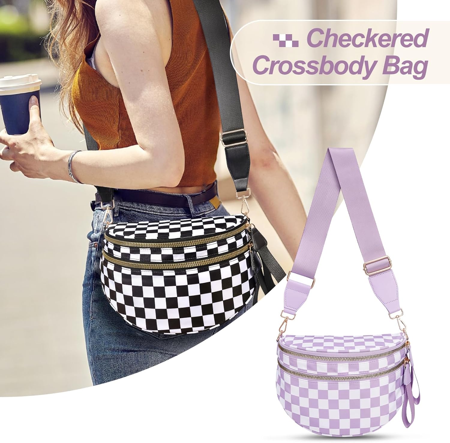 Checkered Crossbody Bag,Nylon Bum Bags for Women Crossbody,Spacious Sling Bag Purse Fanny Packs with Shoulder Strap - Image 6