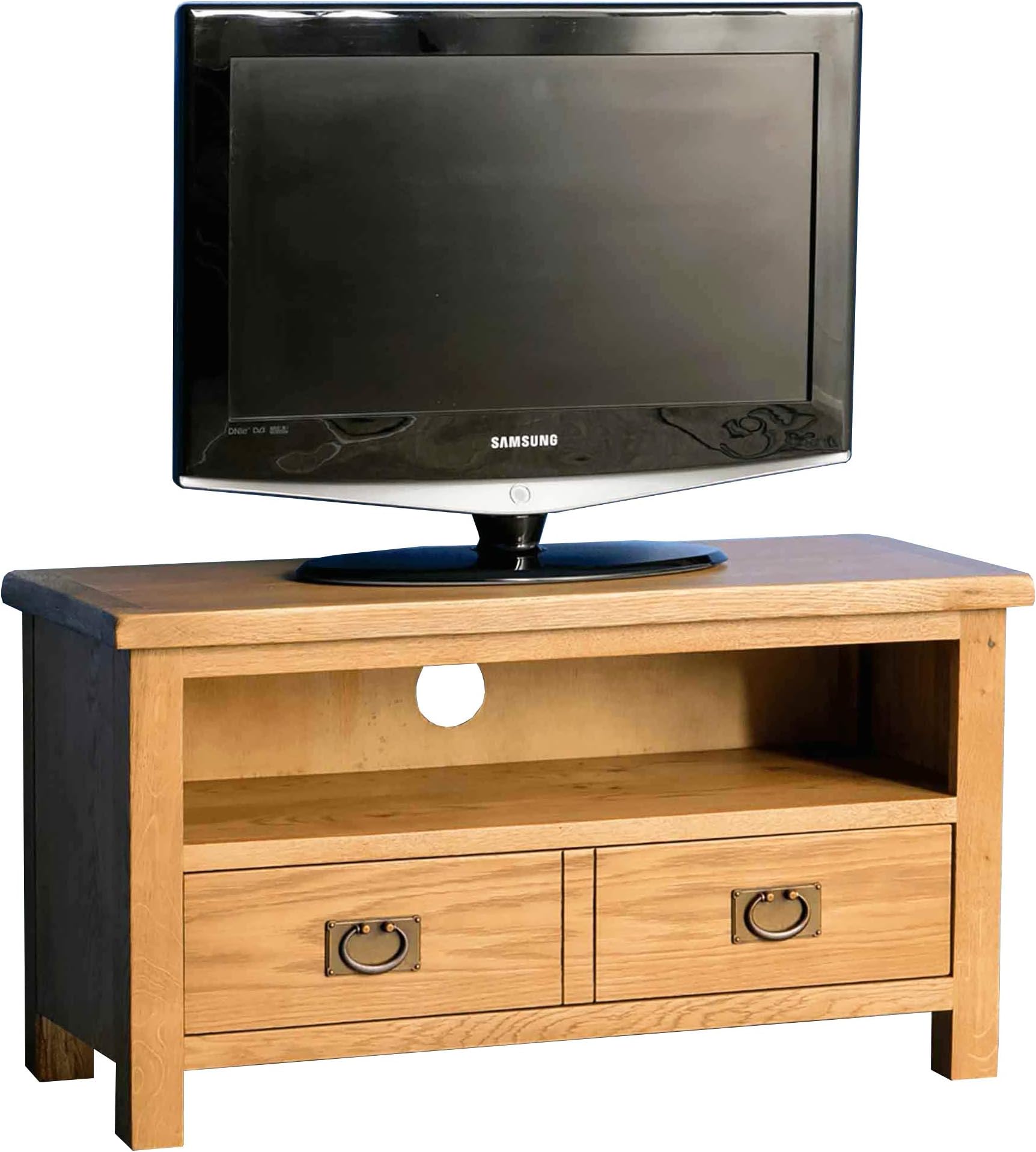 RoselandFurniture Surrey Oak Small TV Unit | Traditional Rustic Waxed 90 cm Solid Wood Television Cabinet Stand Suitable for TVs up to 40 inches for Living Room or Bedroom, Fully Assembled