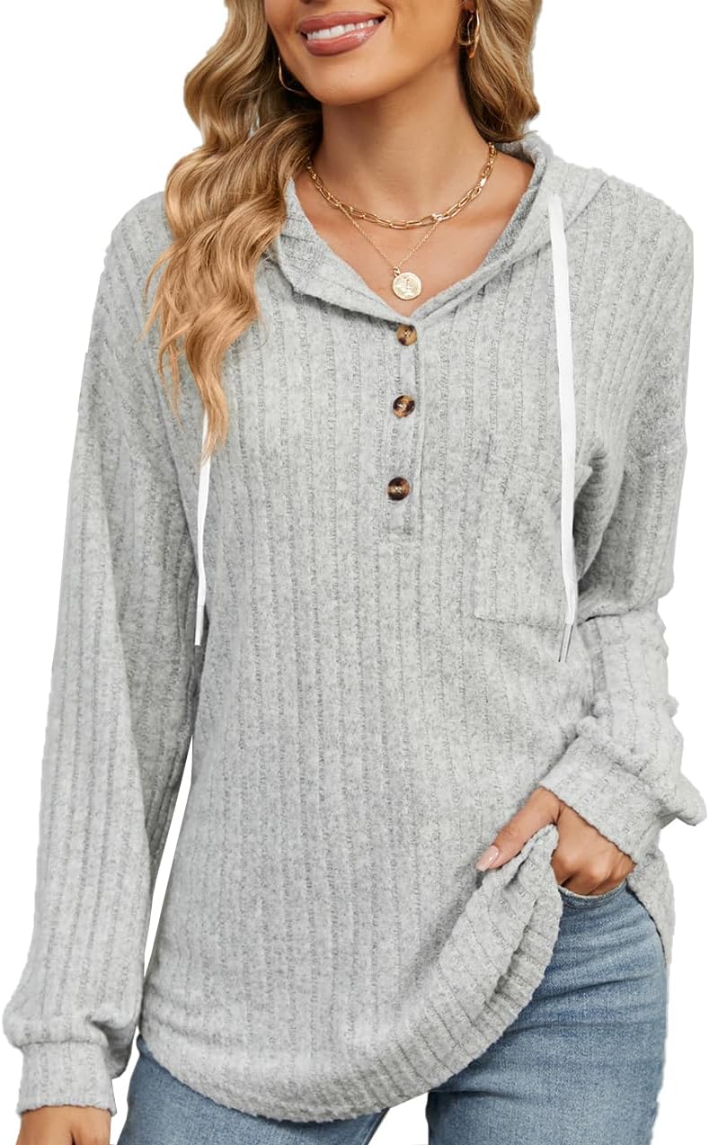ABCFORYOU Women’s Long Sleeve Waffle Knit Hoodie Tunic Tops – Pullover Sweatshirt with Drawstring and Button Details