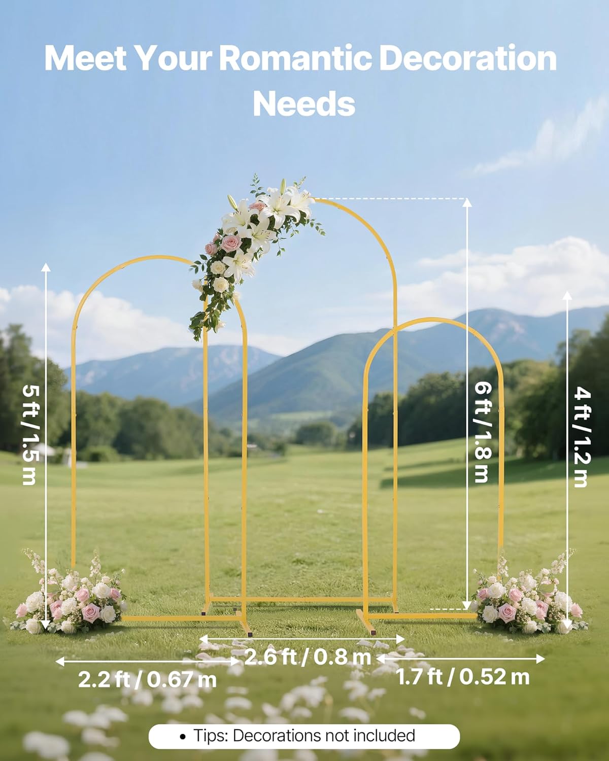 VEVOR Arch Backdrop Stand, Set of 3, 6/5/4 ft, Stable Structure, Easy Assembly, Gold Metal Arch Backdrop Stand for Wedding, Birthday Party, Graduation, Holiday Celebration, and Ceremony Decoration