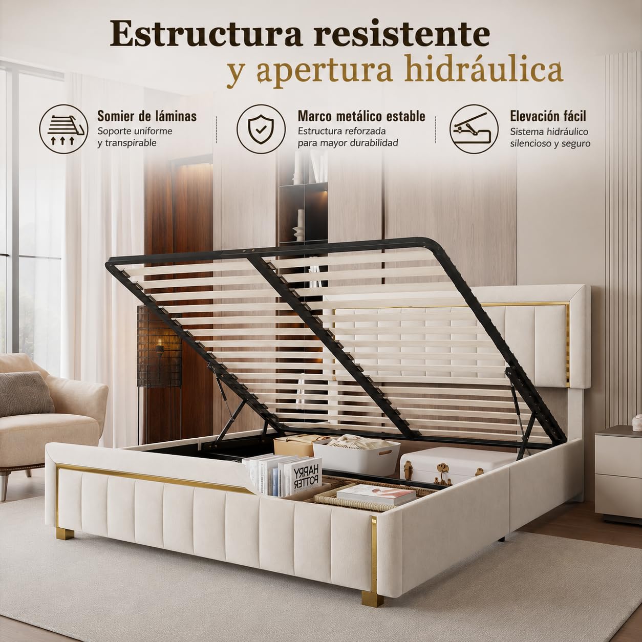 Cama de Matrimonio 140x200 cm con Canapé Abatible, Cama Tapizada de Terciopelo con Gran Espacio de Almacenamiento, Cabecero y Pie de Cama Acolchados, sin Colchón, Beige