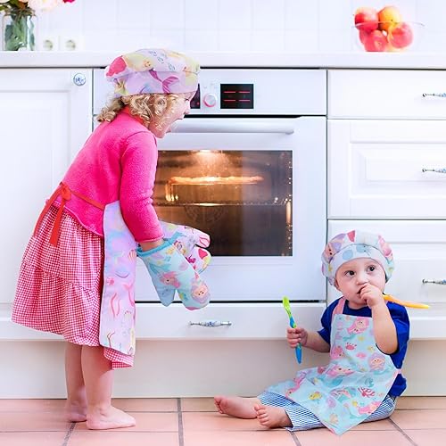 Miniatura 7 de Hercicy Juego de 8 delantales y sombrero de chef para niños de 5 a 12 años, delantales para cocinar, pintar, guantes para horno (color sirena)
