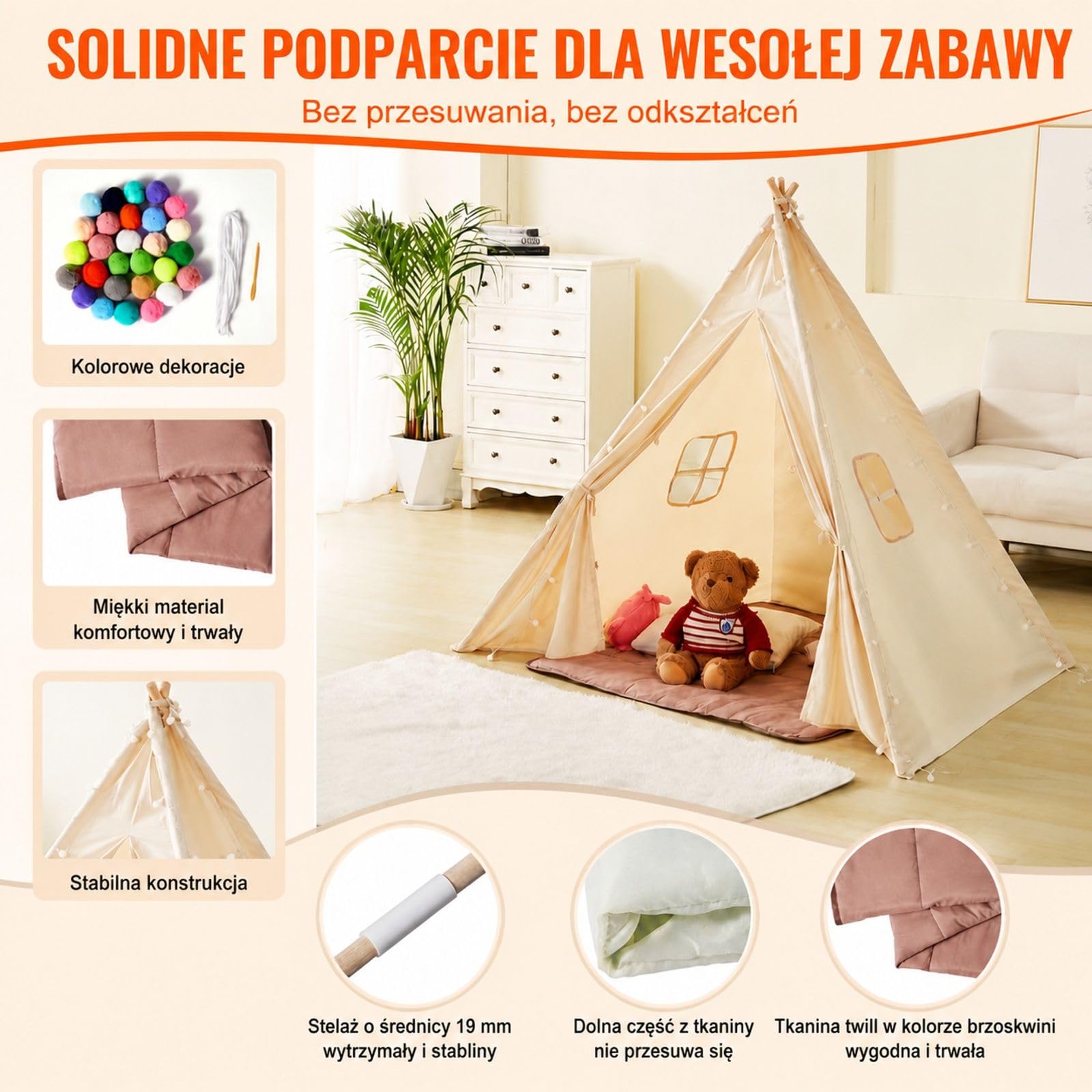 Beżowy namiot tipi do zabawy z matą, pluszowymi piłkami, tkaniną brzoskwiniową, drewnianymi drążkami, stożkowy kształt, 1 drzwi, 2 okna, do wnętrz i na zewnątrz