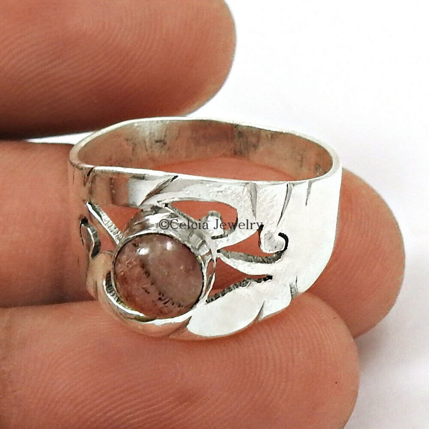 Anillo de banda de piedras preciosas de rodocrosita, anillo de bodas de plata de ley 925 natural, anillo de propuesta, anillo de promesa, regalos únicos para parejas, regalos de dama de honor